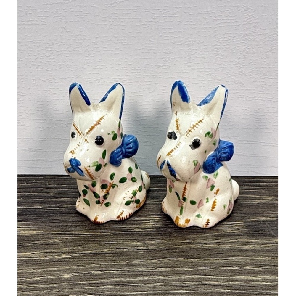 Vintage Japan Scottie Dog Salt Pepper Shakers Patchwork Floral Blue Bow Pair MCM